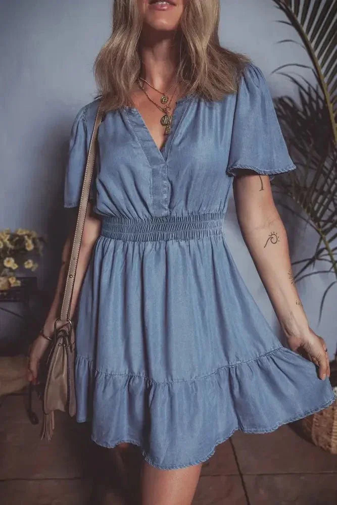 Ruffled Hem Smocked Flutter Sleeve Denim Mini Dress - Update AvenueDenim Dresses & SkirtsTrendsi1001006630418671001006630418672ec12cc7 - 32b3 - 46f1 - 934d - 971b0273a95b - MaxDusty Blue