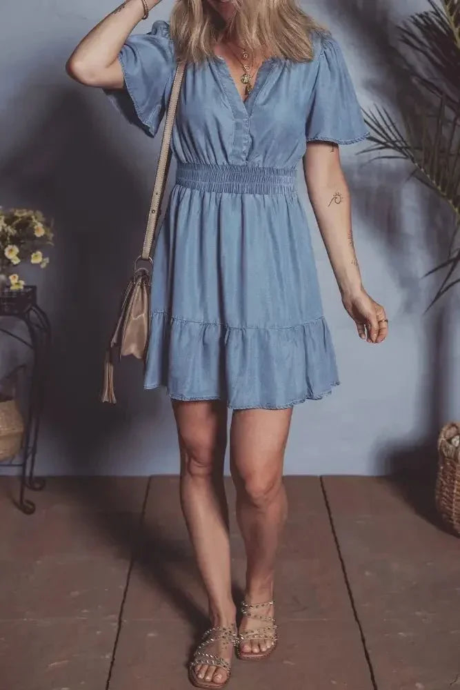 Ruffled Hem Smocked Flutter Sleeve Denim Mini Dress - Update AvenueDenim Dresses & SkirtsTrendsi100100663041867100100663041867079726aa - 0966 - 4738 - 97f0 - 71874f3d46e2 - MaxDusty Blue