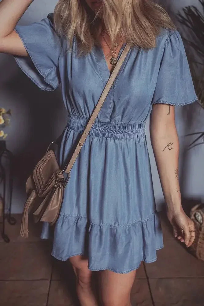 Ruffled Hem Smocked Flutter Sleeve Denim Mini Dress - Update AvenueDenim Dresses & SkirtsTrendsi100100663041867100100663041867e3ba3dac - 12b4 - 45d1 - 9b4a - f7147beb6af5 - MaxDusty Blue