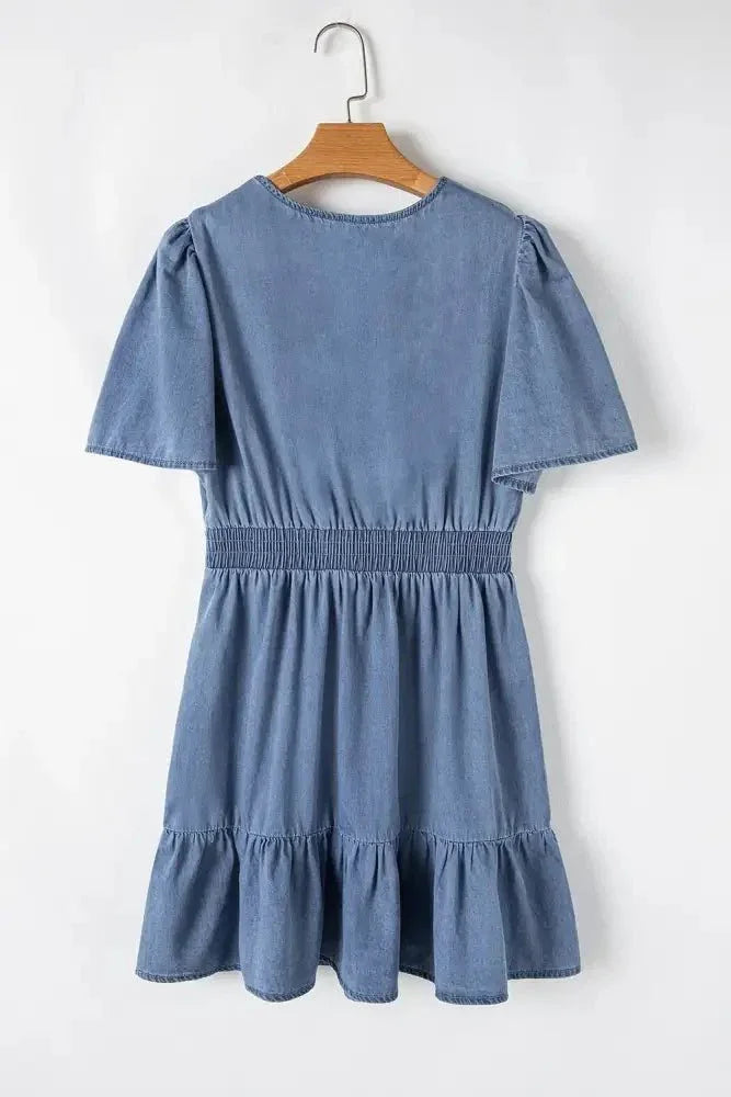 Ruffled Hem Smocked Flutter Sleeve Denim Mini Dress - Update AvenueDenim Dresses & SkirtsTrendsi100100663041867100100663041867d83a68a3 - 61ef - 4aff - bcb7 - 0969c848c0bc - MaxDusty Blue