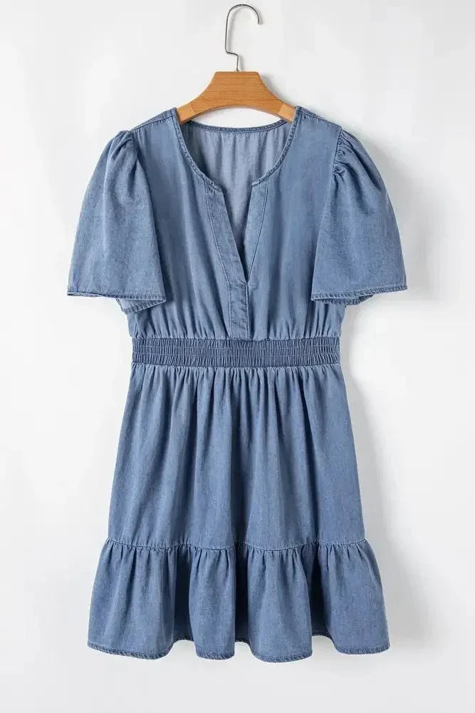 Ruffled Hem Smocked Flutter Sleeve Denim Mini Dress - Update AvenueDenim Dresses & SkirtsTrendsi100100663041867100100663041867eec01abf - 25e1 - 4c28 - bb2b - 396006c80956 - MaxDusty Blue