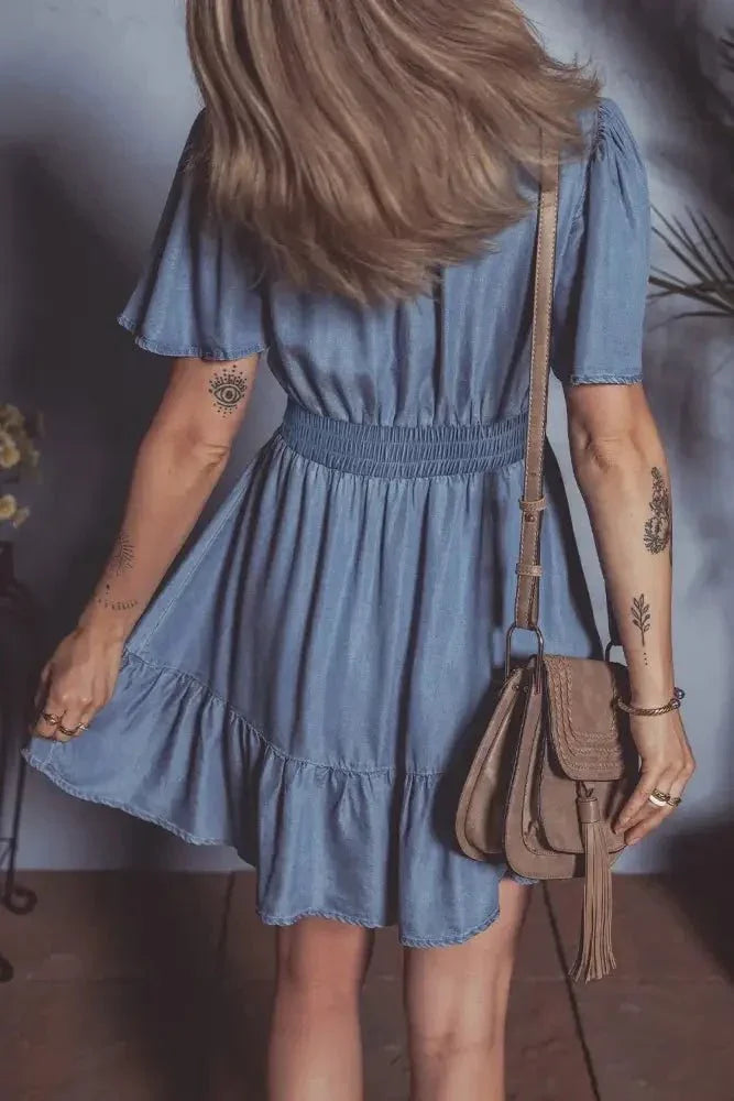 Ruffled Hem Smocked Flutter Sleeve Denim Mini Dress - Update AvenueDenim Dresses & SkirtsTrendsi100100663041867100100663041867849e8ff9 - f911 - 4694 - a1cd - 448009f9c36a - MaxDusty Blue