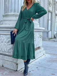 Ruffled Hem V - Neck Balloon Sleeve Dress - Update AvenueCasual DressesTrendsi100100257851200100100257851200Ruffled Hem V - Neck Balloon Sleeve DressDark Green