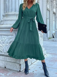 Ruffled Hem V - Neck Balloon Sleeve Dress - Update AvenueCasual DressesTrendsi100100257851200100100257851200Ruffled Hem V - Neck Balloon Sleeve DressDark Green