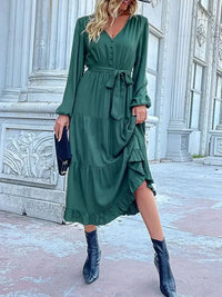 Ruffled Hem V - Neck Balloon Sleeve Dress - Update AvenueCasual DressesTrendsi100100257851200100100257851200Ruffled Hem V - Neck Balloon Sleeve DressDark Green