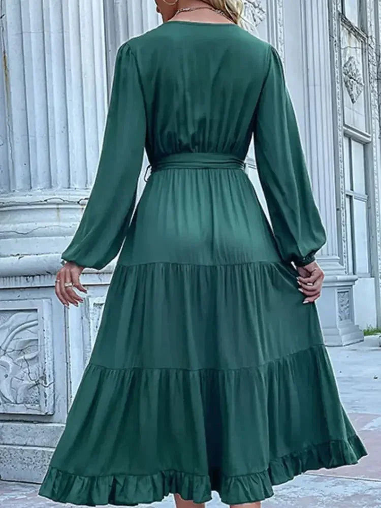 Ruffled Hem V - Neck Balloon Sleeve Dress - Update AvenueCasual DressesTrendsi100100257851200100100257851200Ruffled Hem V - Neck Balloon Sleeve DressDark Green