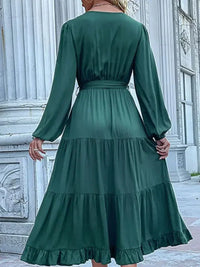 Ruffled Hem V - Neck Balloon Sleeve Dress - Update AvenueCasual DressesTrendsi100100257851200100100257851200Ruffled Hem V - Neck Balloon Sleeve DressDark Green