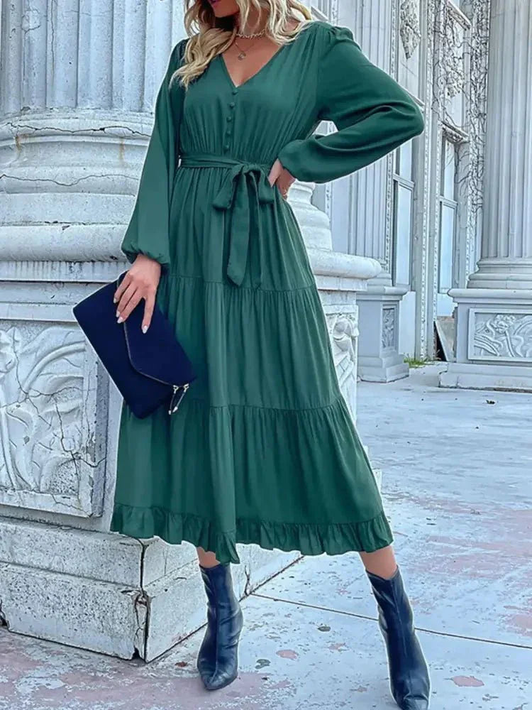 Ruffled Hem V - Neck Balloon Sleeve Dress - Update AvenueCasual DressesTrendsi100100257851200100100257851200Ruffled Hem V - Neck Balloon Sleeve DressDark Green