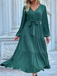 Ruffled Hem V - Neck Balloon Sleeve Dress - Update AvenueCasual DressesTrendsi100100257851200100100257851200Ruffled Hem V - Neck Balloon Sleeve DressDark Green