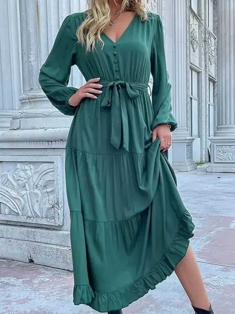 Ruffled Hem V - Neck Balloon Sleeve Dress - Update AvenueCasual DressesTrendsi100100257851200100100257851200Ruffled Hem V - Neck Balloon Sleeve DressDark Green