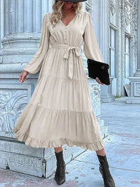 Ruffled Hem V - Neck Balloon Sleeve Dress - Update AvenueCasual DressesTrendsi100100257851387100100257851387Ruffled Hem V - Neck Balloon Sleeve DressCream