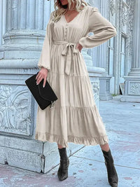 Ruffled Hem V - Neck Balloon Sleeve Dress - Update AvenueCasual DressesTrendsi100100257851387100100257851387Ruffled Hem V - Neck Balloon Sleeve DressCream