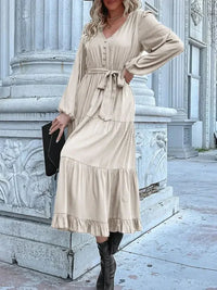 Ruffled Hem V - Neck Balloon Sleeve Dress - Update AvenueCasual DressesTrendsi100100257851387100100257851387Ruffled Hem V - Neck Balloon Sleeve DressCream