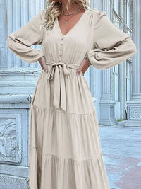 Ruffled Hem V - Neck Balloon Sleeve Dress - Update AvenueCasual DressesTrendsi100100257851387100100257851387Ruffled Hem V - Neck Balloon Sleeve DressCream