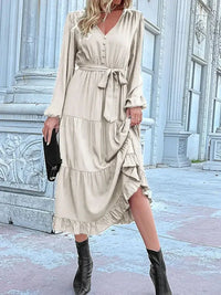 Ruffled Hem V - Neck Balloon Sleeve Dress - Update AvenueCasual DressesTrendsi100100257851387100100257851387Ruffled Hem V - Neck Balloon Sleeve DressCream