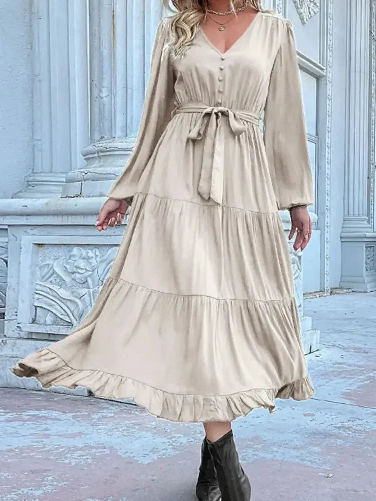 Ruffled Hem V - Neck Balloon Sleeve Dress - Update AvenueCasual DressesTrendsi100100257851387100100257851387Ruffled Hem V - Neck Balloon Sleeve DressCream