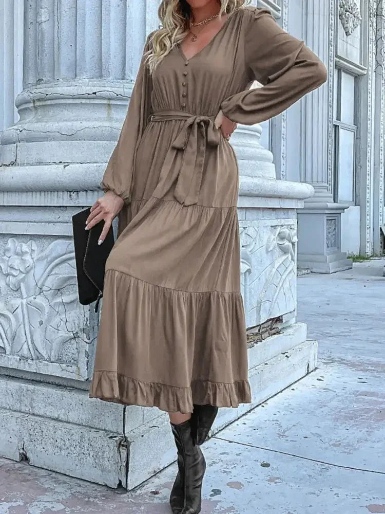Ruffled Hem V - Neck Balloon Sleeve Dress - Update AvenueCasual DressesTrendsi100100257851706100100257851706Ruffled Hem V - Neck Balloon Sleeve DressTaupe