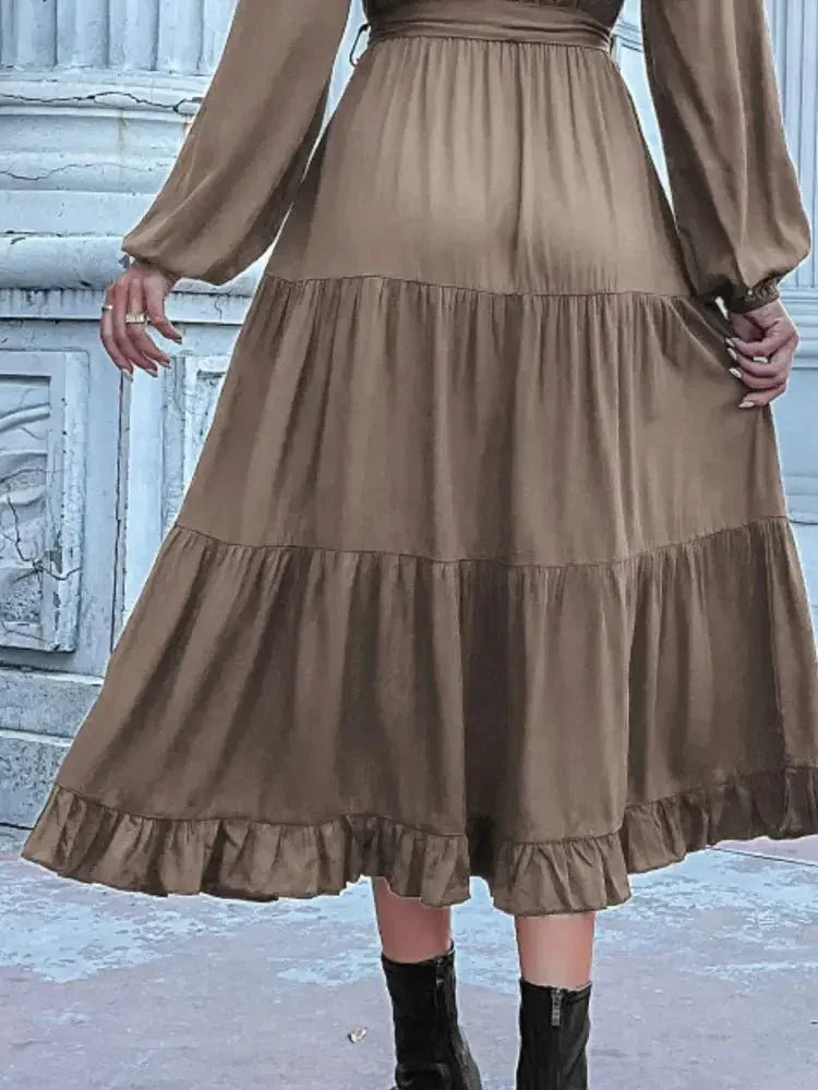 Ruffled Hem V - Neck Balloon Sleeve Dress - Update AvenueCasual DressesTrendsi100100257851706100100257851706Ruffled Hem V - Neck Balloon Sleeve DressTaupe