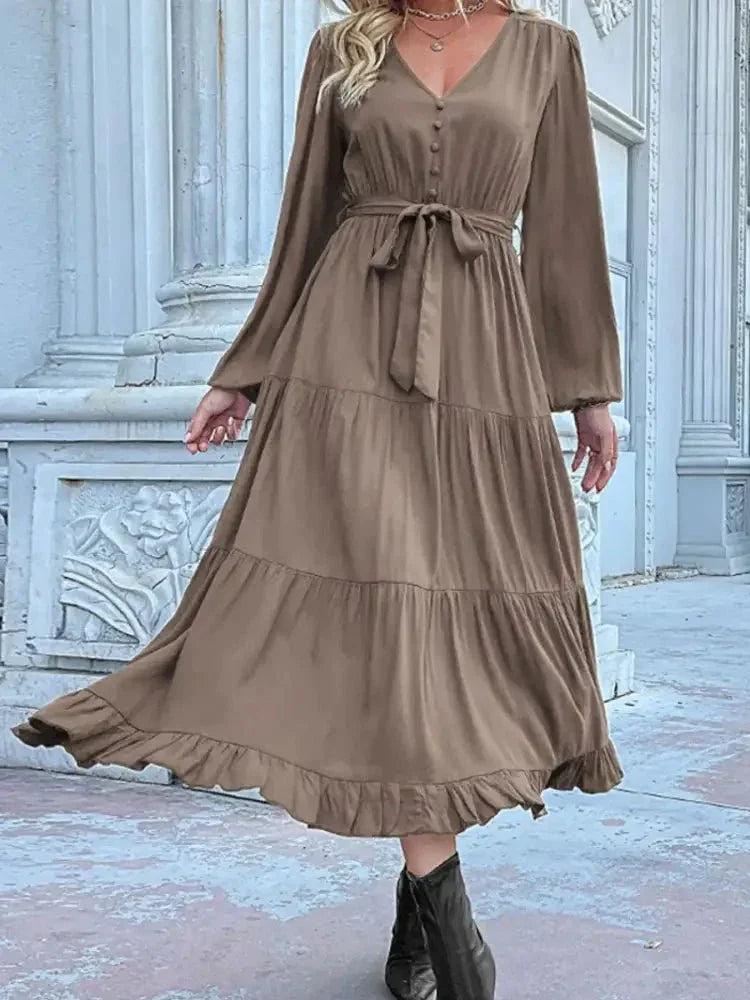 Ruffled Hem V - Neck Balloon Sleeve Dress - Update AvenueCasual DressesTrendsi100100257851706100100257851706Ruffled Hem V - Neck Balloon Sleeve DressTaupe