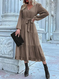 Ruffled Hem V - Neck Balloon Sleeve Dress - Update AvenueCasual DressesTrendsi100100257851706100100257851706Ruffled Hem V - Neck Balloon Sleeve DressTaupe