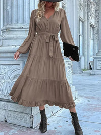 Ruffled Hem V - Neck Balloon Sleeve Dress - Update AvenueCasual DressesTrendsi100100257851706100100257851706Ruffled Hem V - Neck Balloon Sleeve DressTaupe