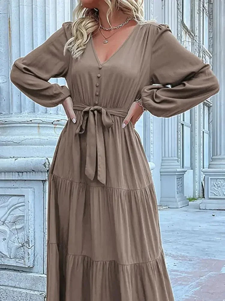Ruffled Hem V - Neck Balloon Sleeve Dress - Update AvenueCasual DressesTrendsi100100257851706100100257851706Ruffled Hem V - Neck Balloon Sleeve DressTaupe