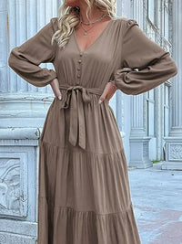 Ruffled Hem V - Neck Balloon Sleeve Dress - Update AvenueCasual DressesTrendsi100100257851706100100257851706Ruffled Hem V - Neck Balloon Sleeve DressTaupe