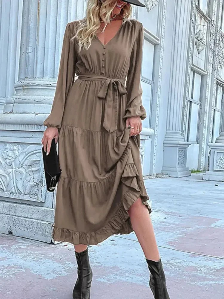 Ruffled Hem V - Neck Balloon Sleeve Dress - Update AvenueCasual DressesTrendsi100100257851706100100257851706Ruffled Hem V - Neck Balloon Sleeve DressTaupe