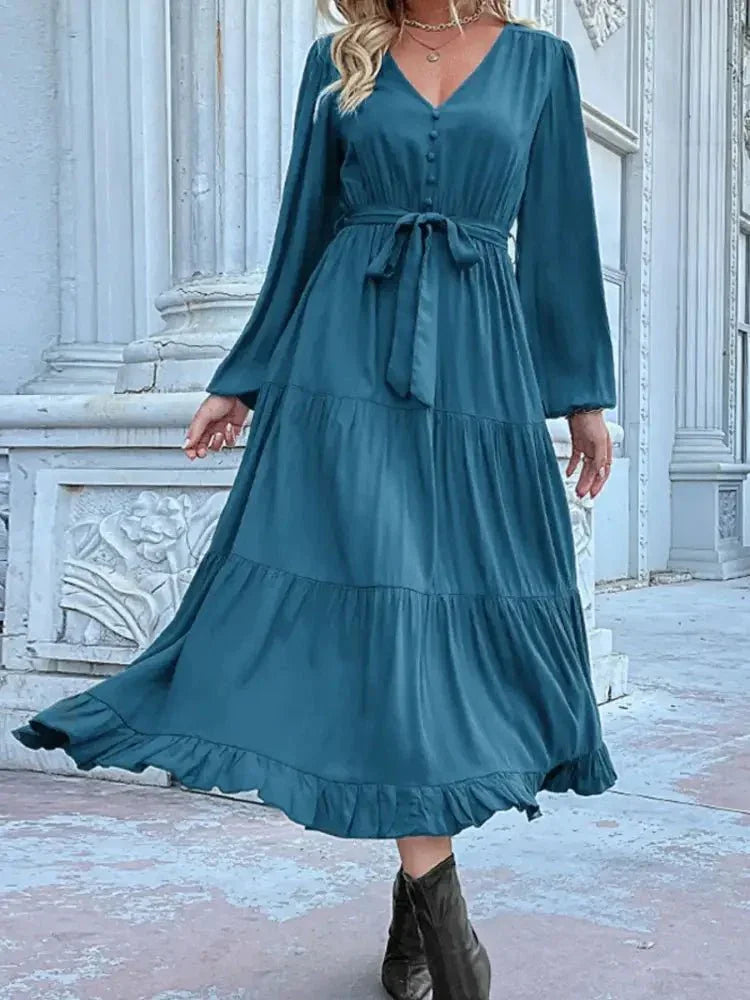 Ruffled Hem V - Neck Balloon Sleeve Dress - Update AvenueCasual DressesTrendsi100100257855520100100257855520Ruffled Hem V - Neck Balloon Sleeve DressFrench Blue