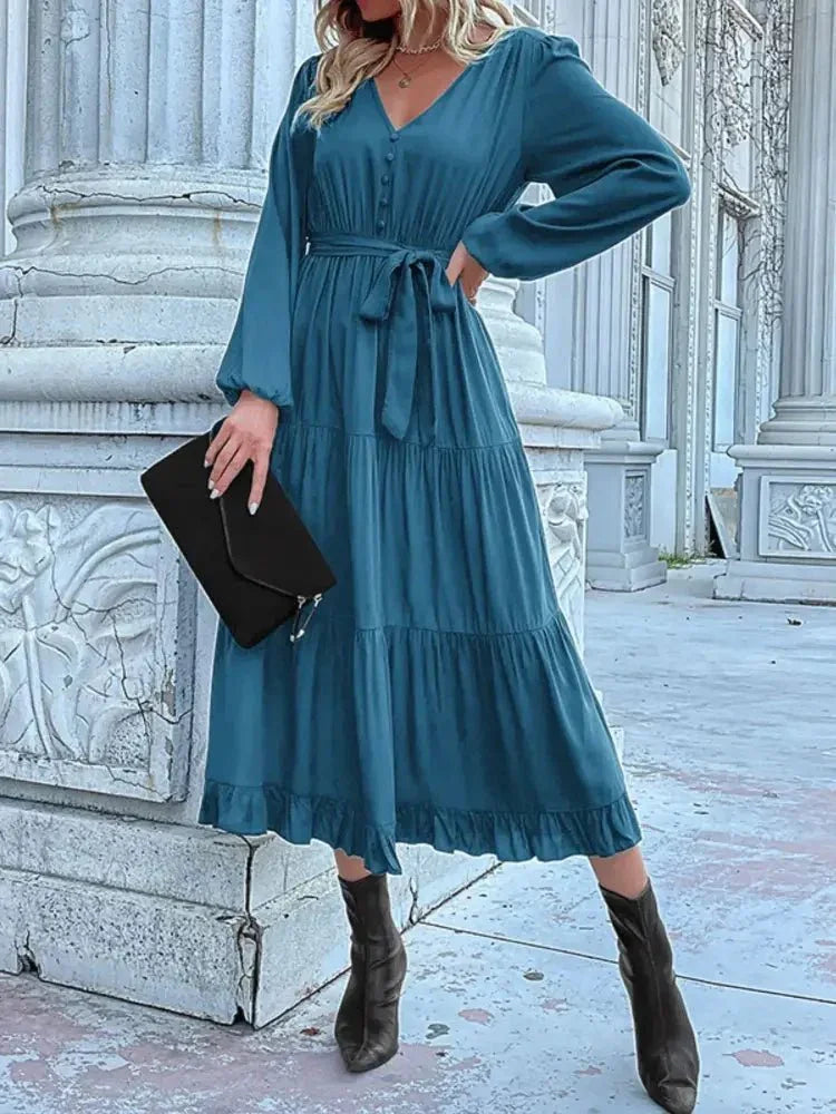 Ruffled Hem V - Neck Balloon Sleeve Dress - Update AvenueCasual DressesTrendsi100100257855520100100257855520Ruffled Hem V - Neck Balloon Sleeve DressFrench Blue