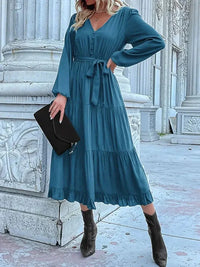 Ruffled Hem V - Neck Balloon Sleeve Dress - Update AvenueCasual DressesTrendsi100100257855520100100257855520Ruffled Hem V - Neck Balloon Sleeve DressFrench Blue