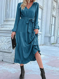 Ruffled Hem V - Neck Balloon Sleeve Dress - Update AvenueCasual DressesTrendsi100100257855520100100257855520Ruffled Hem V - Neck Balloon Sleeve DressFrench Blue