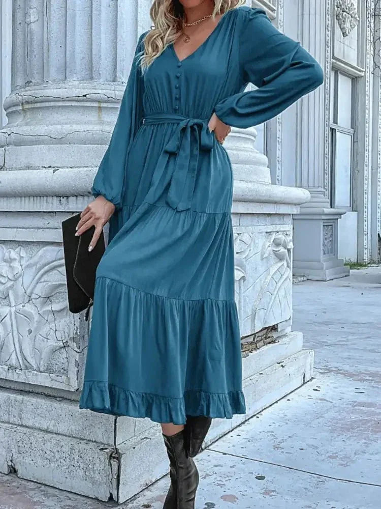 Ruffled Hem V - Neck Balloon Sleeve Dress - Update AvenueCasual DressesTrendsi100100257855520100100257855520Ruffled Hem V - Neck Balloon Sleeve DressFrench Blue