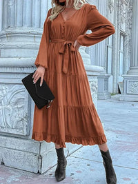 Ruffled Hem V - Neck Balloon Sleeve Dress - Update AvenueCasual DressesTrendsi100100257859902100100257859902Ruffled Hem V - Neck Balloon Sleeve DressCaramel