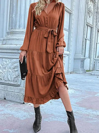 Ruffled Hem V - Neck Balloon Sleeve Dress - Update AvenueCasual DressesTrendsi100100257859902100100257859902Ruffled Hem V - Neck Balloon Sleeve DressCaramel