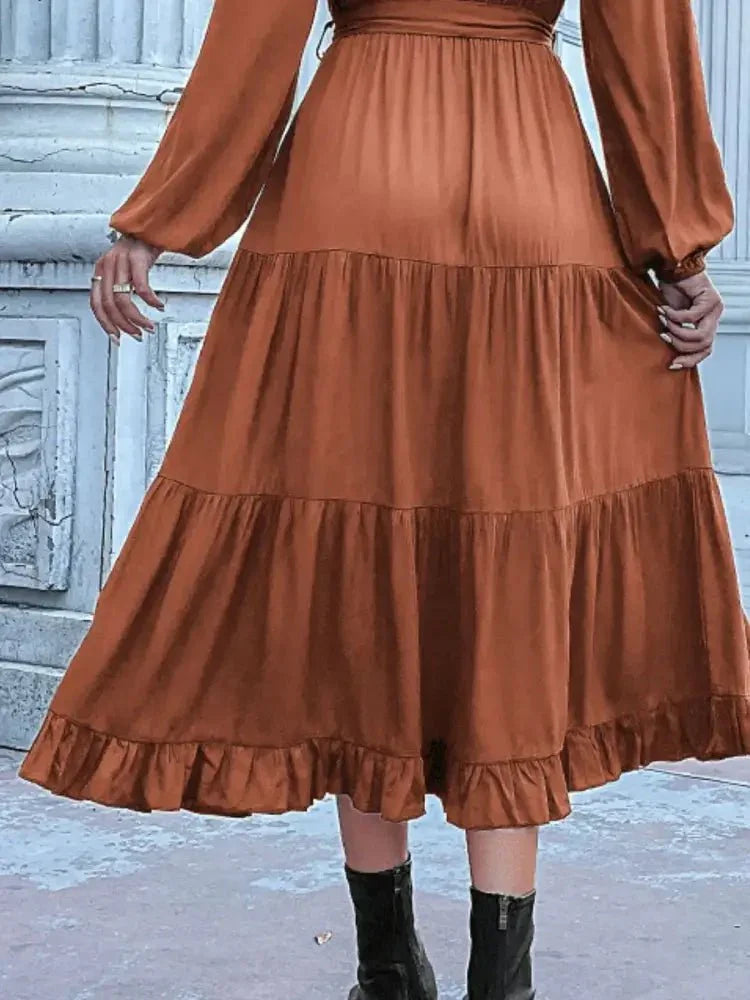 Ruffled Hem V - Neck Balloon Sleeve Dress - Update AvenueCasual DressesTrendsi100100257859902100100257859902Ruffled Hem V - Neck Balloon Sleeve DressCaramel