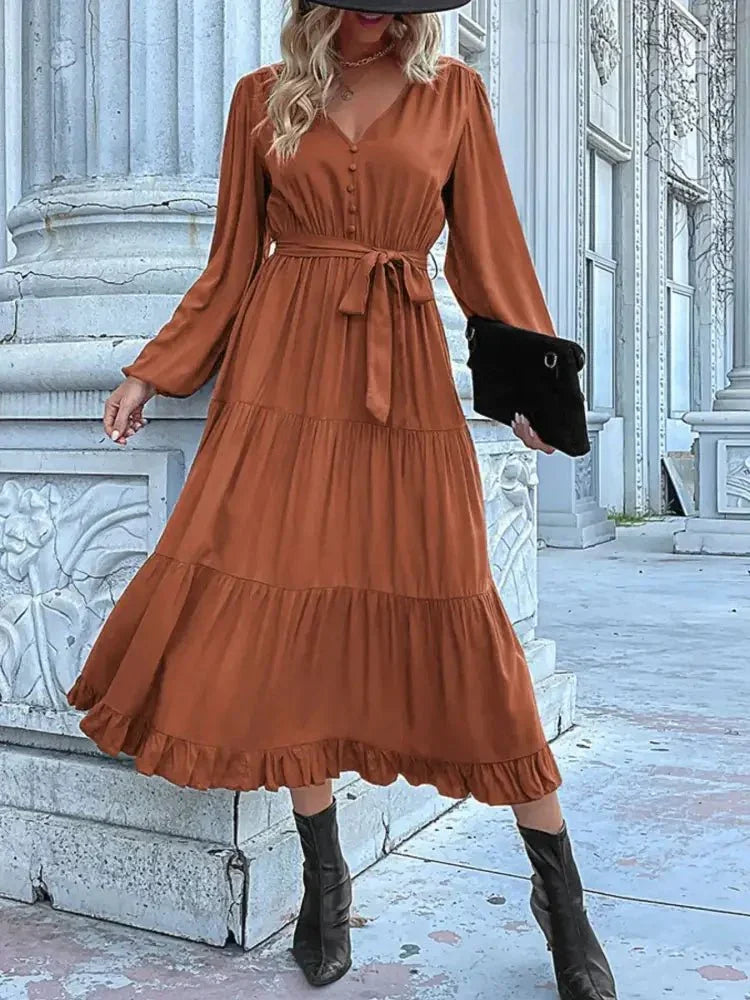 Ruffled Hem V - Neck Balloon Sleeve Dress - Update AvenueCasual DressesTrendsi100100257859902100100257859902Ruffled Hem V - Neck Balloon Sleeve DressCaramel