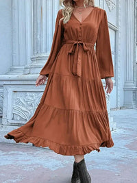 Ruffled Hem V - Neck Balloon Sleeve Dress - Update AvenueCasual DressesTrendsi100100257859902100100257859902Ruffled Hem V - Neck Balloon Sleeve DressCaramel