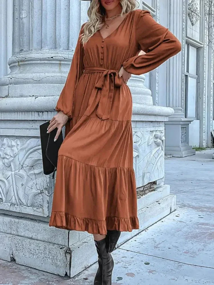 Ruffled Hem V - Neck Balloon Sleeve Dress - Update AvenueCasual DressesTrendsi100100257859902100100257859902Ruffled Hem V - Neck Balloon Sleeve DressCaramel