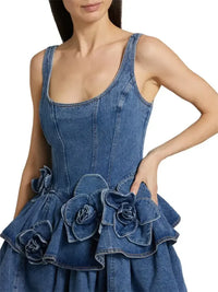 Ruffled Layered Scoop Neck Denim Dress