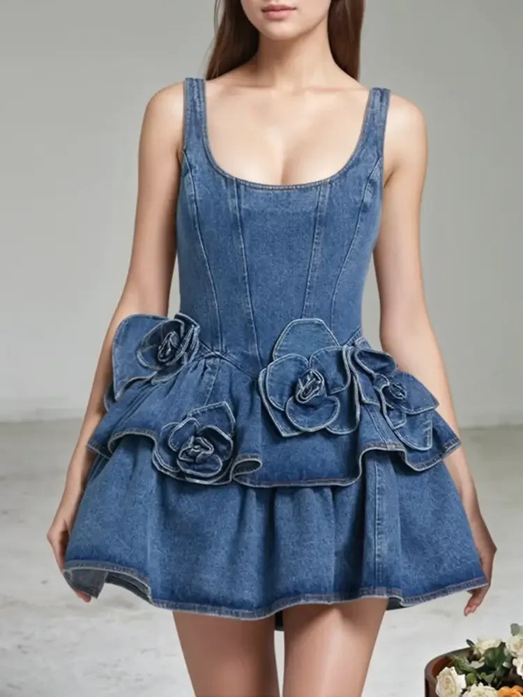 Ruffled Layered Scoop Neck Denim Dress