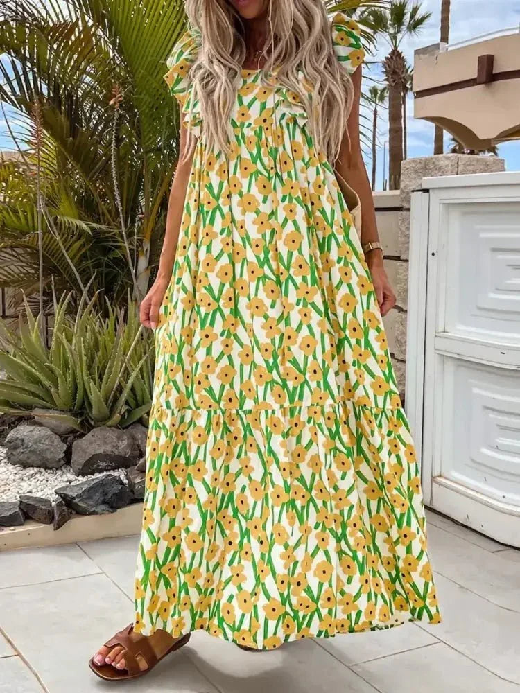 Ruffled Printed Cap Sleeve Midi Dress - Update AvenueVacation StyleTrendsi1001004850973581001004850973584f6fb0e9 - 4f13 - 4fa1 - 8564 - c1955a624353 - MaxYellow Green