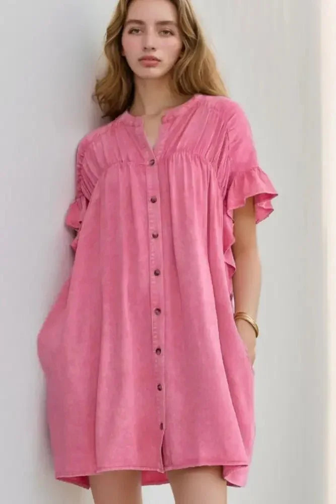 Ruffled Short Sleeve Buttoned Denim Mini Dress - Update AvenueDenim Dresses & SkirtsTrendsi1001005558669231001005558669237b20a067 - 698a - 436d - 8cf2 - 28f4555e0b1d - MaxDusty Pink