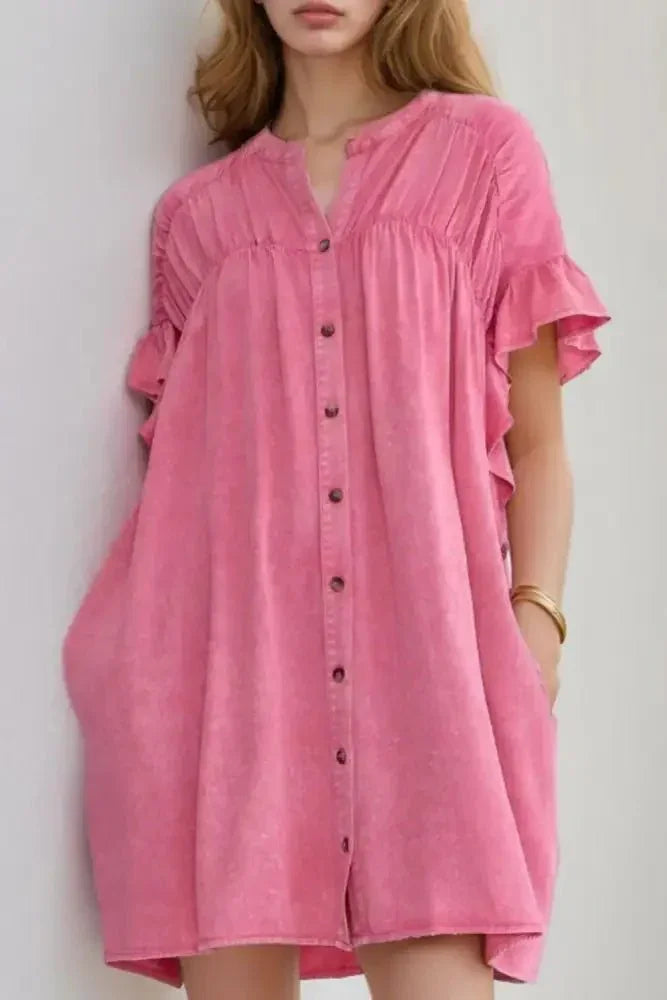 Ruffled Short Sleeve Buttoned Denim Mini Dress - Update AvenueDenim Dresses & SkirtsTrendsi100100555866923100100555866923346ad283 - 294a - 4073 - 81f2 - e0a7f753675e - MaxDusty Pink