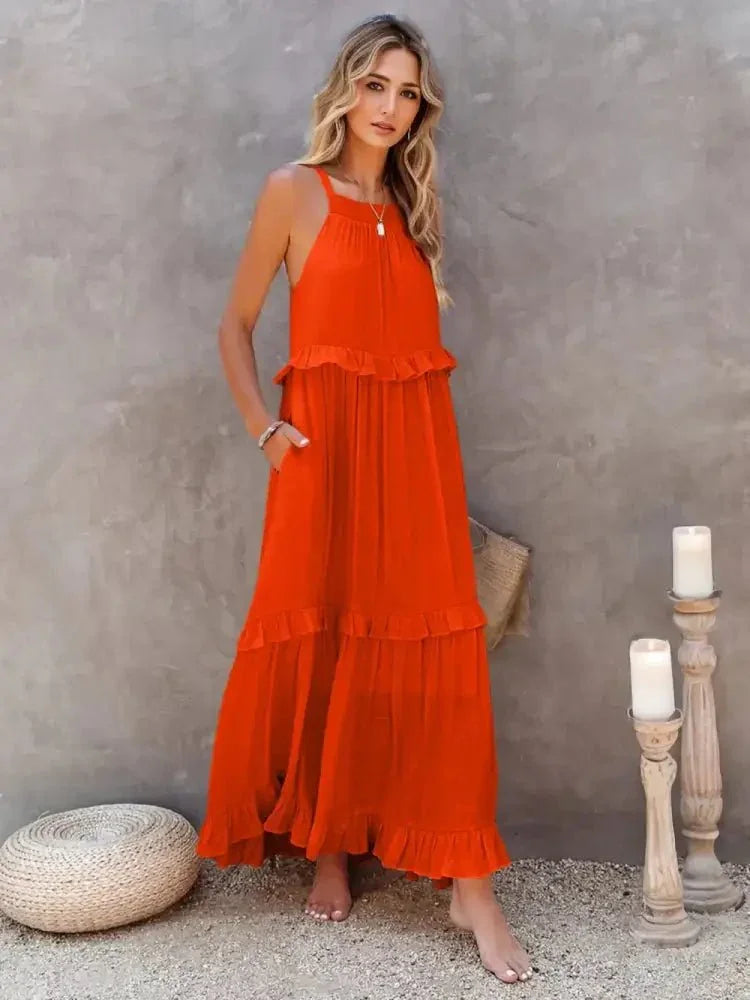 Ruffled Sleeveless Tiered Maxi Dress with Pockets - Update AvenueEffortless Elegance: DressesTrendsi10010078848262410010078848262474e37812 - 8d76 - 4ede - ad9c - bfd7cd850dd3 - MaxOrange - Red
