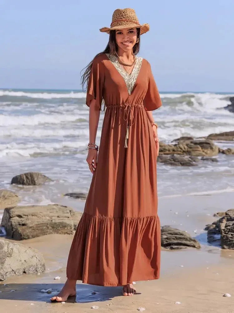 Ruffled Tassel V - Neck Flutter Sleeve Dress - Update AvenueBoho VibesTrendsi1001007677512551001007677512553e4318cd - 87ee - 49a2 - 8038 - 7e6199475a46 - MaxTerracotta