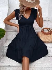 Ruffled V - Neck Cap Sleeve Dress - Update AvenueEffortless Elegance: DressesTrendsi100100845421646100100845421646d208372d - 16ac - 4f14 - 9e45 - 711c178daef3 - Max - OriginDark Blue