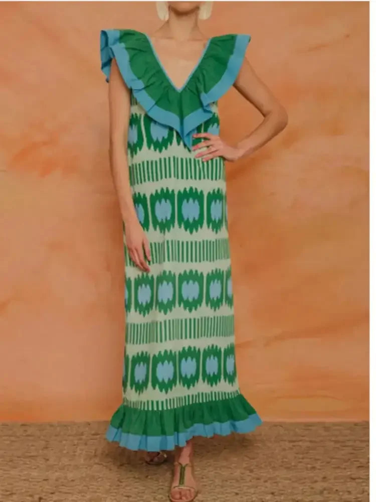Ruffled V-Neck Printed Maxi Dress