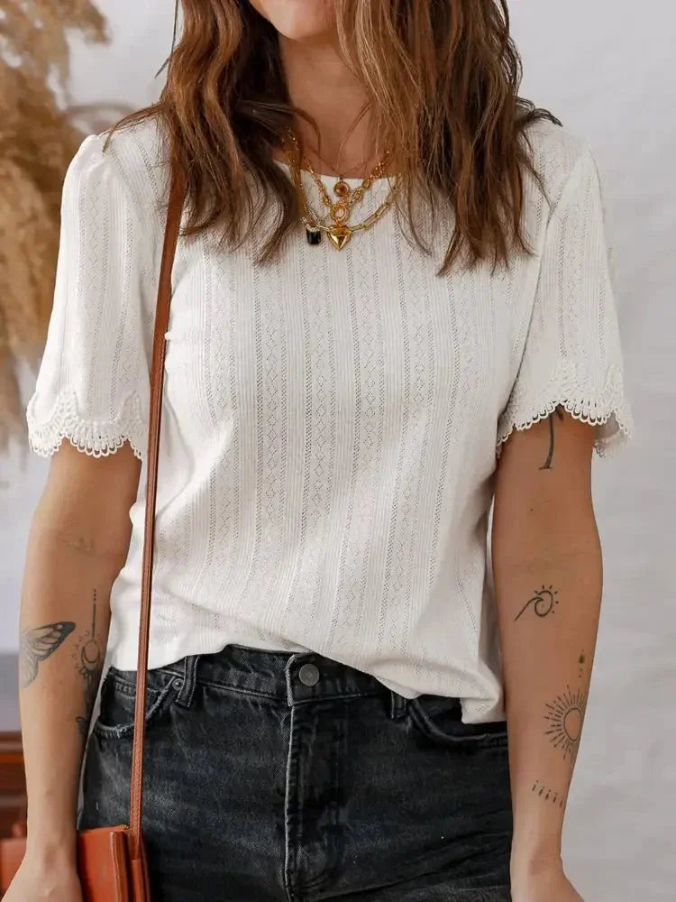Scalloped Lace Trim Jacquard Textured T Shirt - Update AvenueT-ShirtsTrendsi1001006878735361001006878735361ba7c7f8d86745128855dfa585cbec14 - Max - OriginWhite