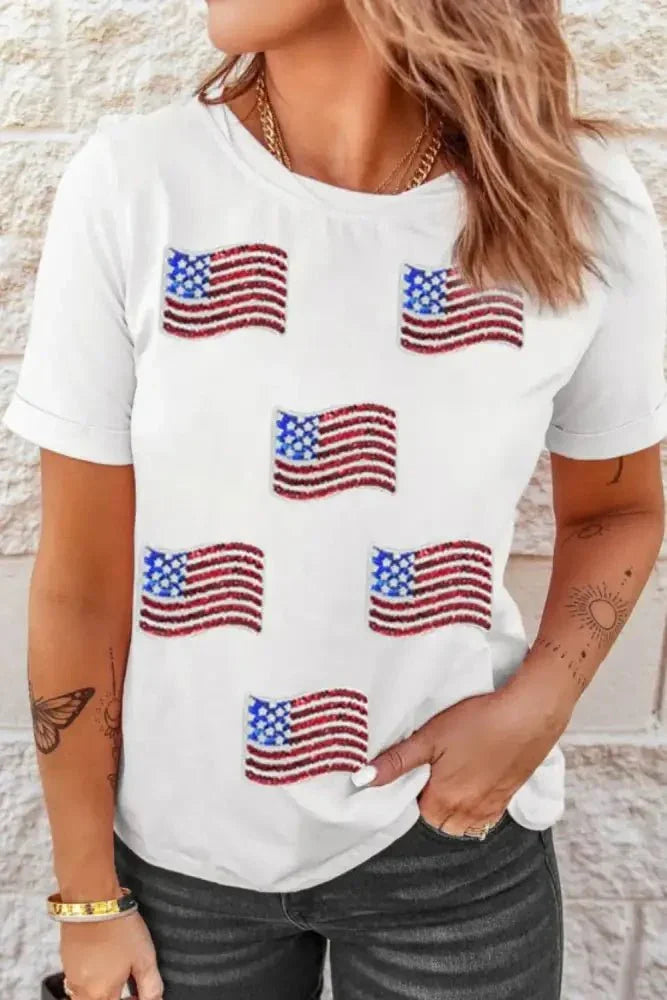 Sequin American Flag Patched Casual T Shirt - Update AvenueT-ShirtsTrendsi100100817556083100100817556083977e56a4 - 75c7 - 4e5b - 81b9 - 28ec75e9b31f - Max - OriginWhite